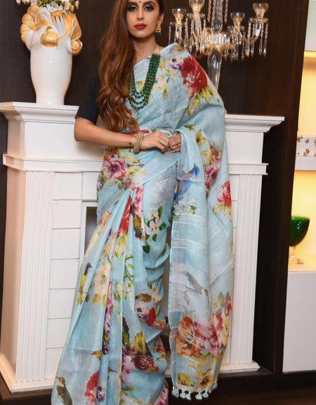 Bellaz Multicolor Handwoven Linen Printed Saree