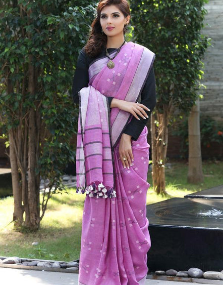 Bellaz Lavender Handwoven Printed Linen Saree