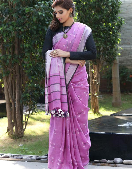 Bellaz Lavender Handwoven Printed Linen Saree