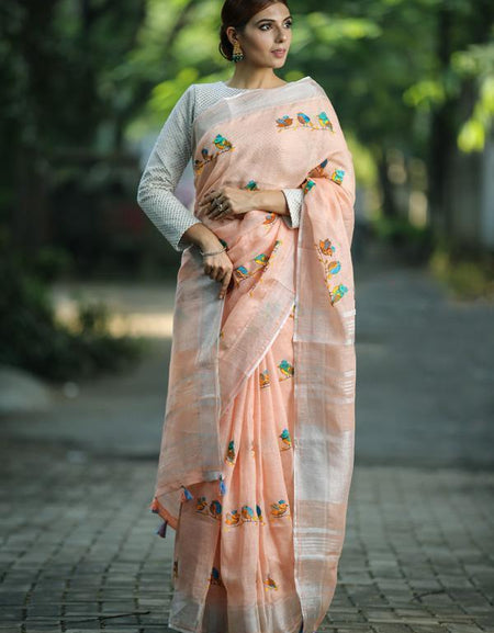 Bellaz Peach Color Handwoven Printed Linen Saree