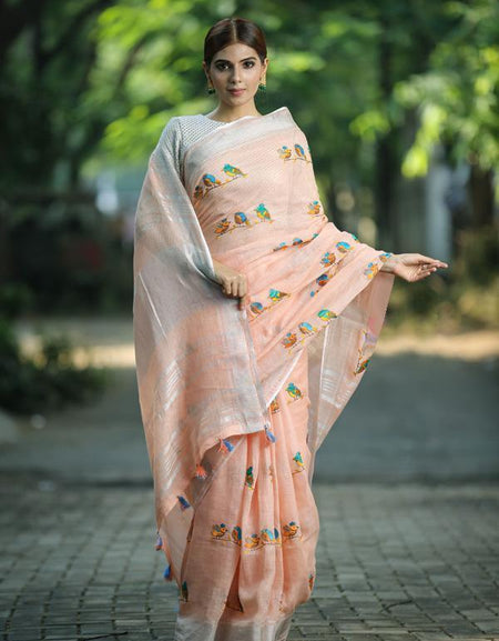 Bellaz Peach Color Handwoven Printed Linen Saree