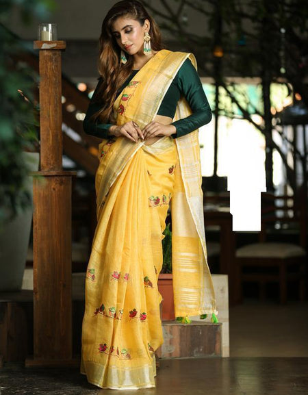 Bellaz Yellow Handwoven Printed Linen Saree