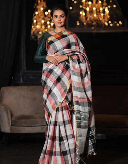 Bellaz Multicolor Handwoven Linen Printed Checks Saree