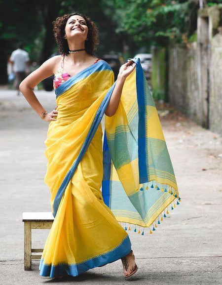 Traditional Yellow Linen Blended Saree with Blouse