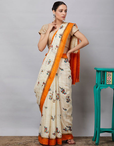 Off White Orange Hand Block hand woven Saree