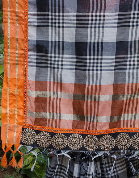 Black and white checked Linen Printed saree with orange mirror work border